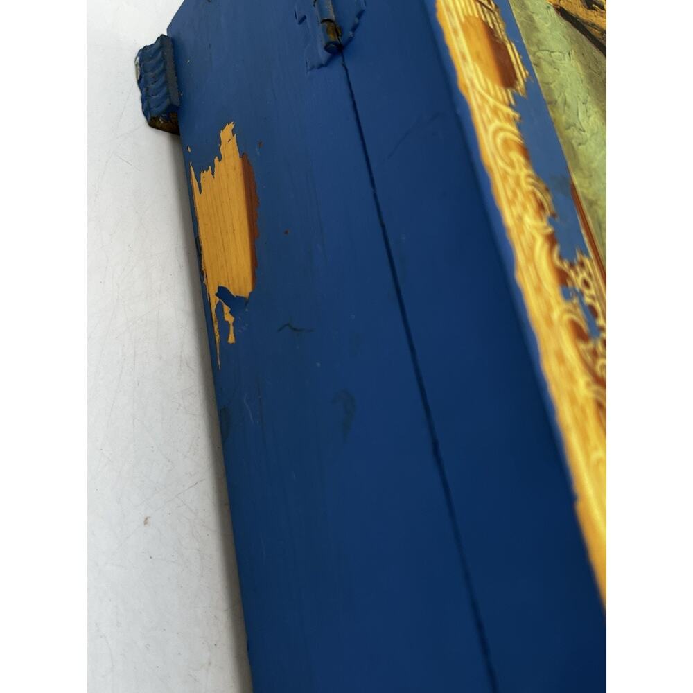 Vintage Cedar Wood Box Hinged Lid Decoupage Mediterranean Scene Blue Paint AS IS - Picture 11 of 14